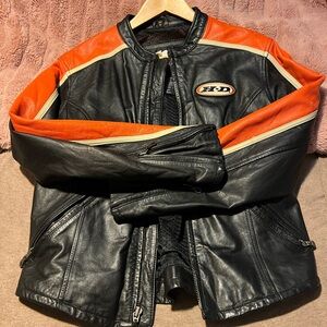 H-D Black & Orange Leather Motorcycle Jacket and HD leather gloves.